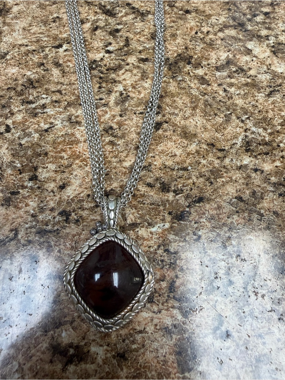 RB Crown Signed Y2K Brown Cabochon Multi Strand Pendant Necklace Silver Tone